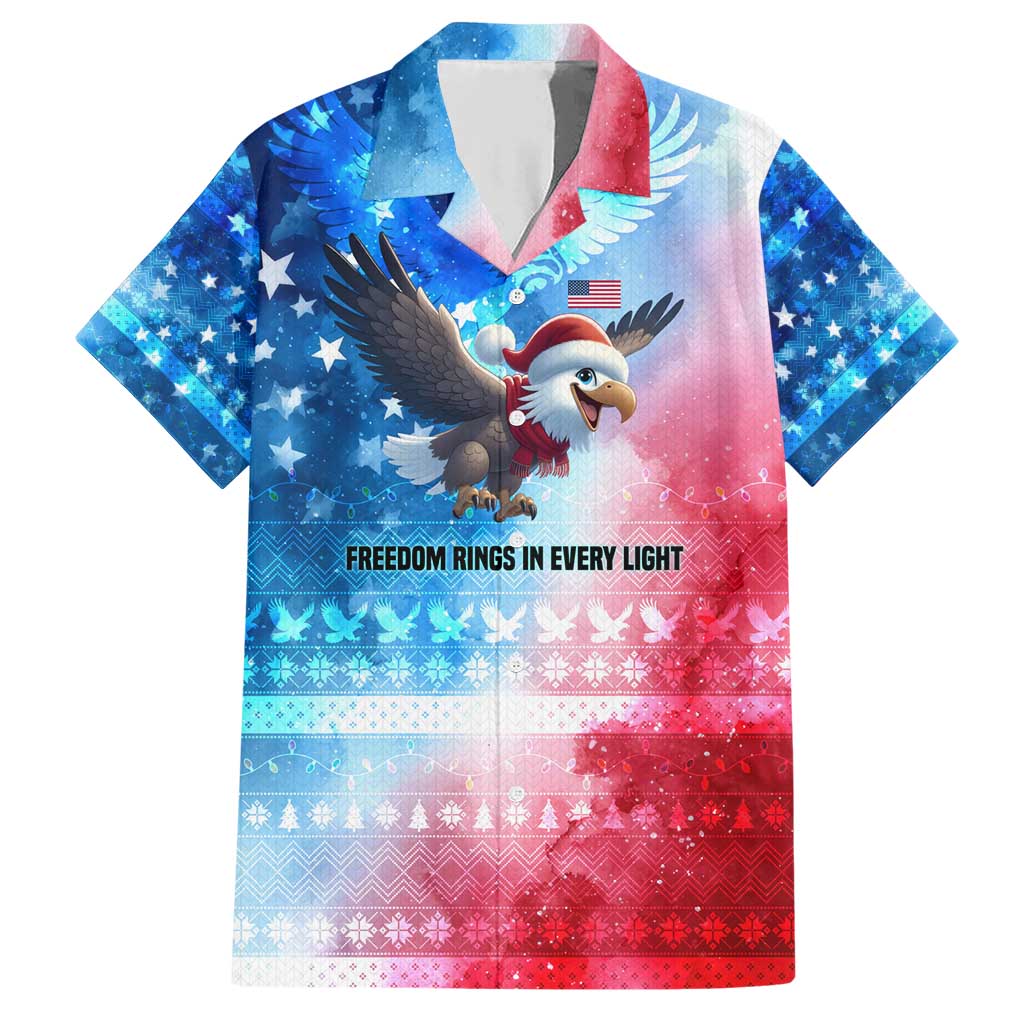 USA Christmas Family Matching Short Sleeve Bodycon Dress and Hawaiian Shirt with Santa Eagle Red White Blue Snowflake Pattern and American Flag - Wonder Print Shop