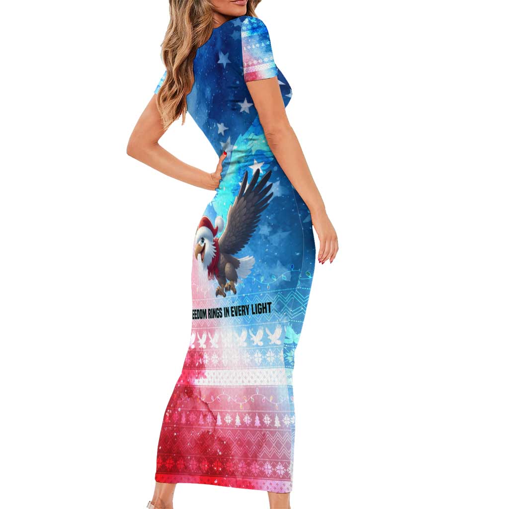 USA Christmas Family Matching Short Sleeve Bodycon Dress and Hawaiian Shirt with Santa Eagle Red White Blue Snowflake Pattern and American Flag - Wonder Print Shop