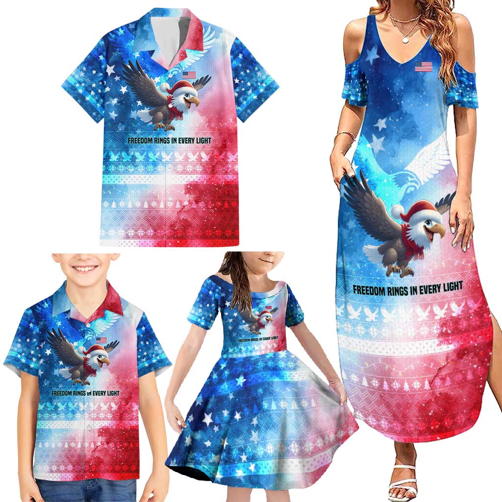 USA Christmas Family Matching Summer Maxi Dress and Hawaiian Shirt with Santa Eagle Red White Blue Snowflake Pattern and American Flag - Wonder Print Shop