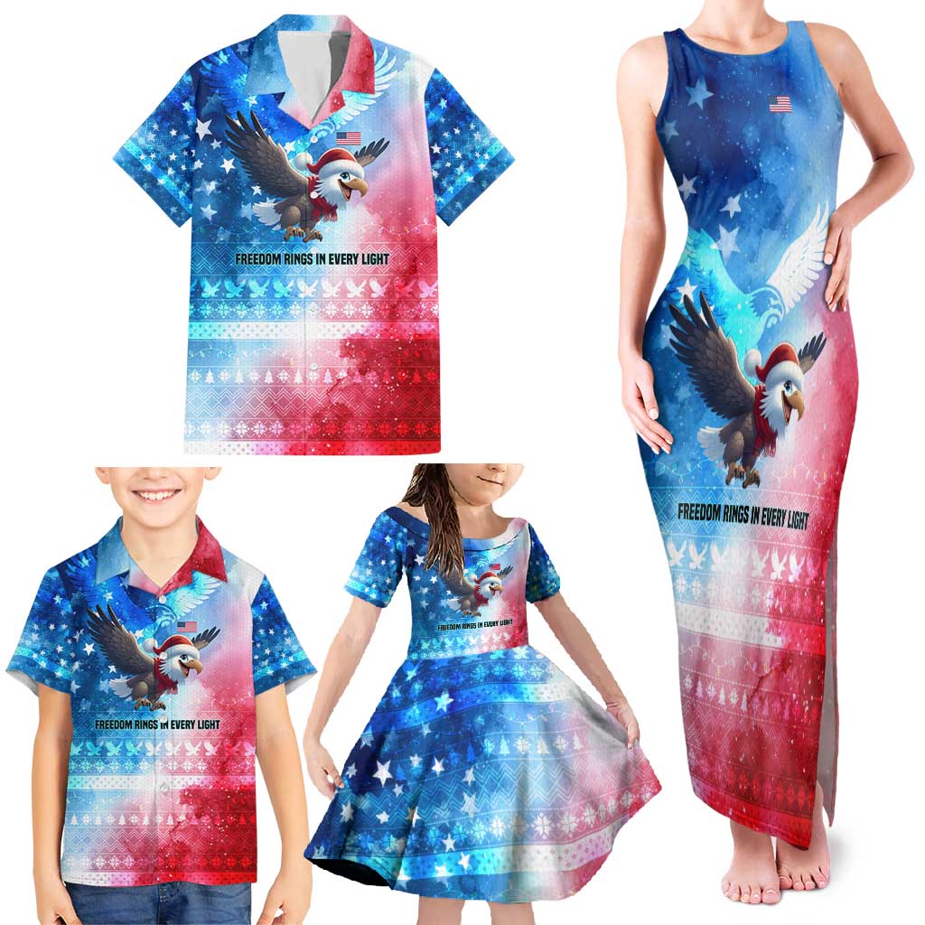 USA Christmas Family Matching Tank Maxi Dress and Hawaiian Shirt with Santa Eagle Red White Blue Snowflake Pattern and American Flag - Wonder Print Shop