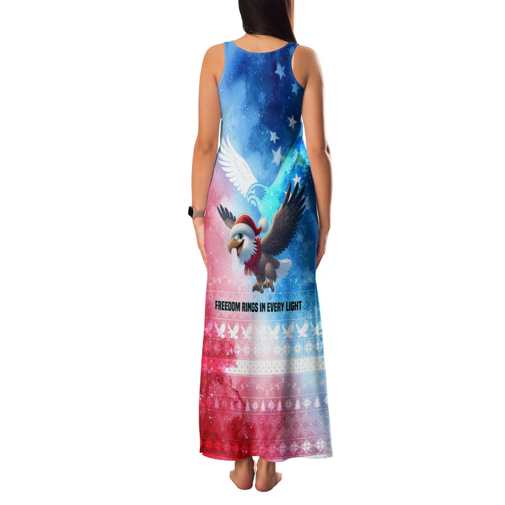 USA Christmas Family Matching Tank Maxi Dress and Hawaiian Shirt with Santa Eagle Red White Blue Snowflake Pattern and American Flag - Wonder Print Shop