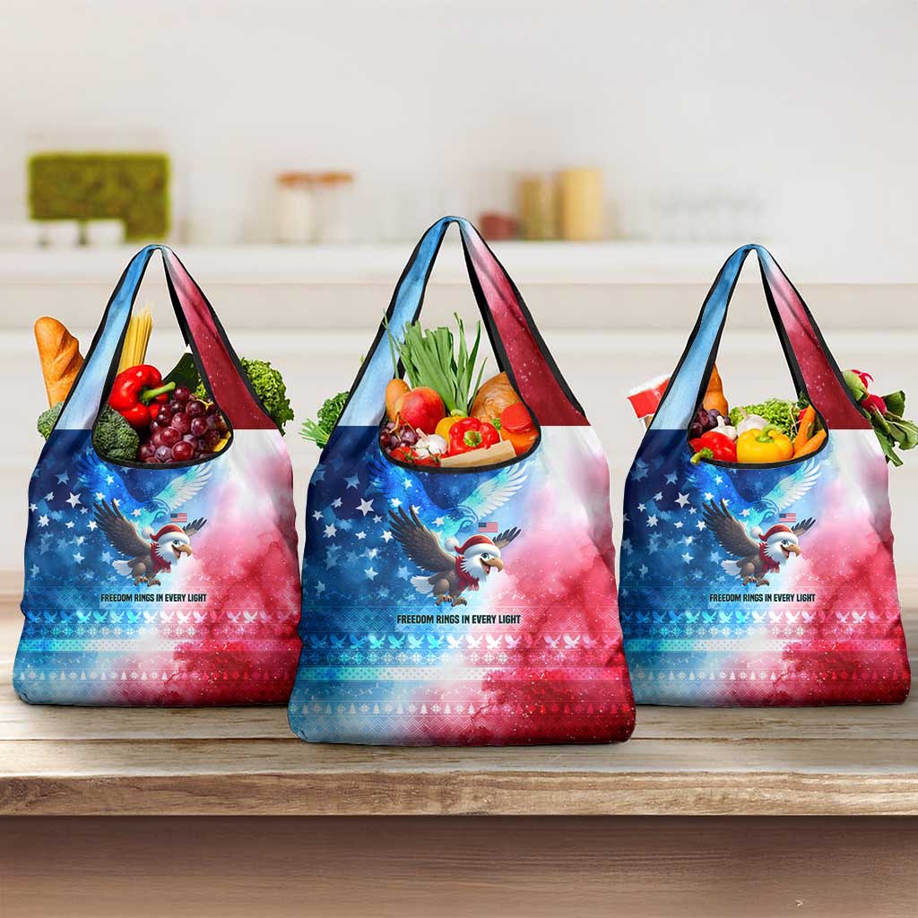 USA Christmas Grocery Bag with Santa Eagle Red White Blue Snowflake Pattern and American Flag - Wonder Print Shop