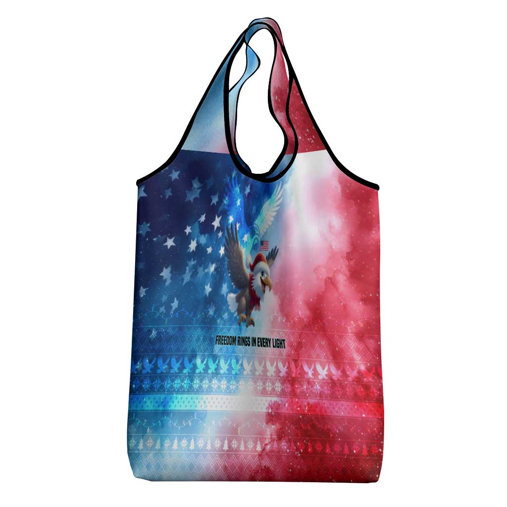 USA Christmas Grocery Bag with Santa Eagle Red White Blue Snowflake Pattern and American Flag - Wonder Print Shop