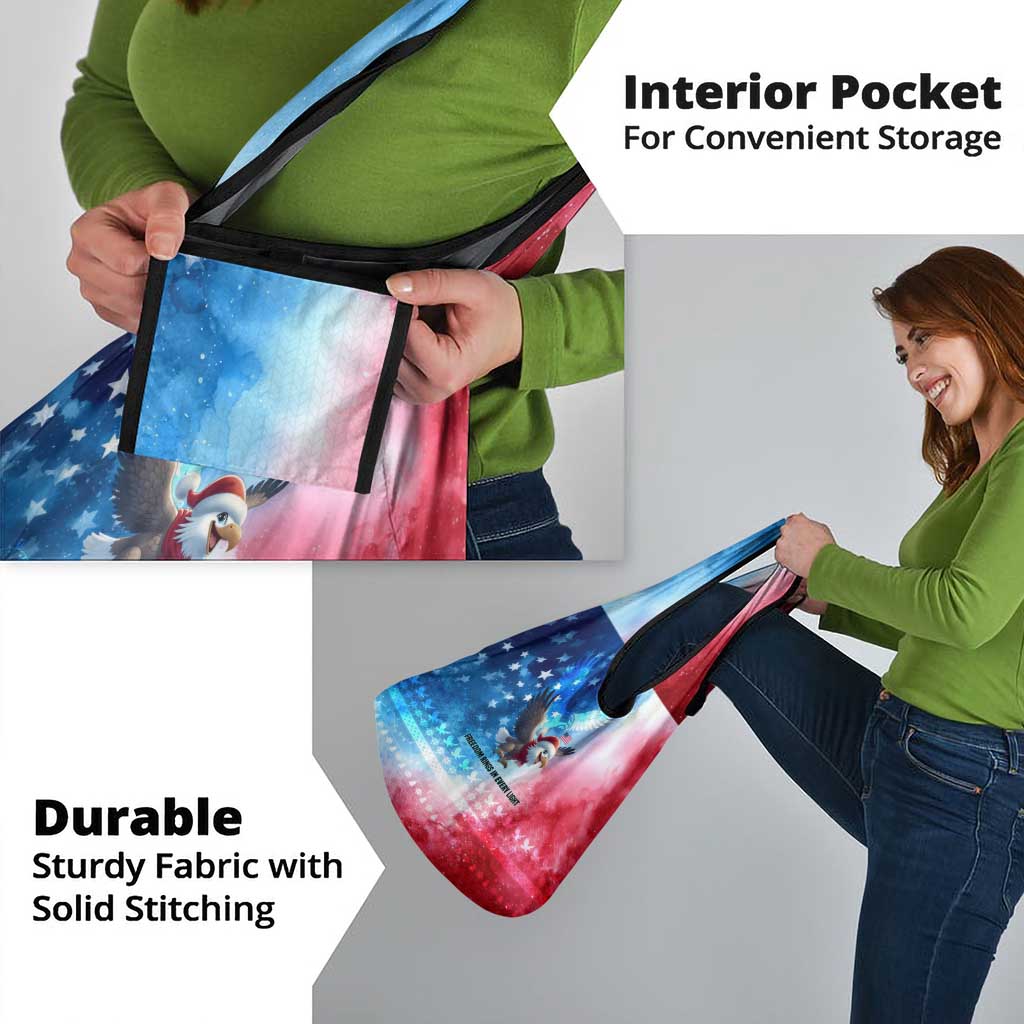 USA Christmas Grocery Bag with Santa Eagle Red White Blue Snowflake Pattern and American Flag - Wonder Print Shop