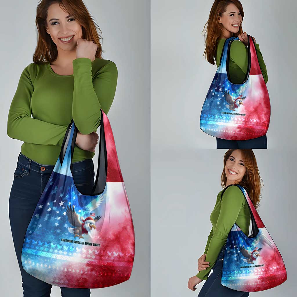 USA Christmas Grocery Bag with Santa Eagle Red White Blue Snowflake Pattern and American Flag - Wonder Print Shop