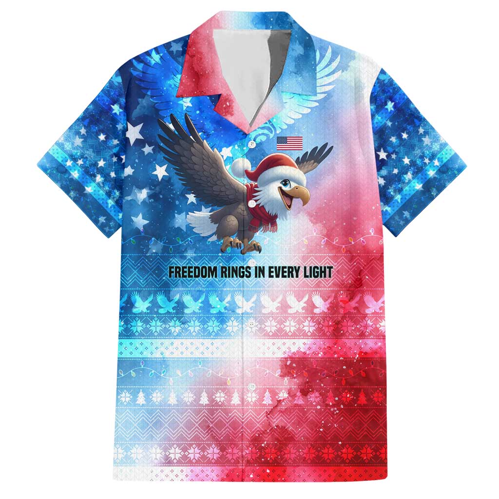 USA Christmas Hawaiian Shirt with Santa Eagle Red White Blue Snowflake Pattern and American Flag - Wonder Print Shop