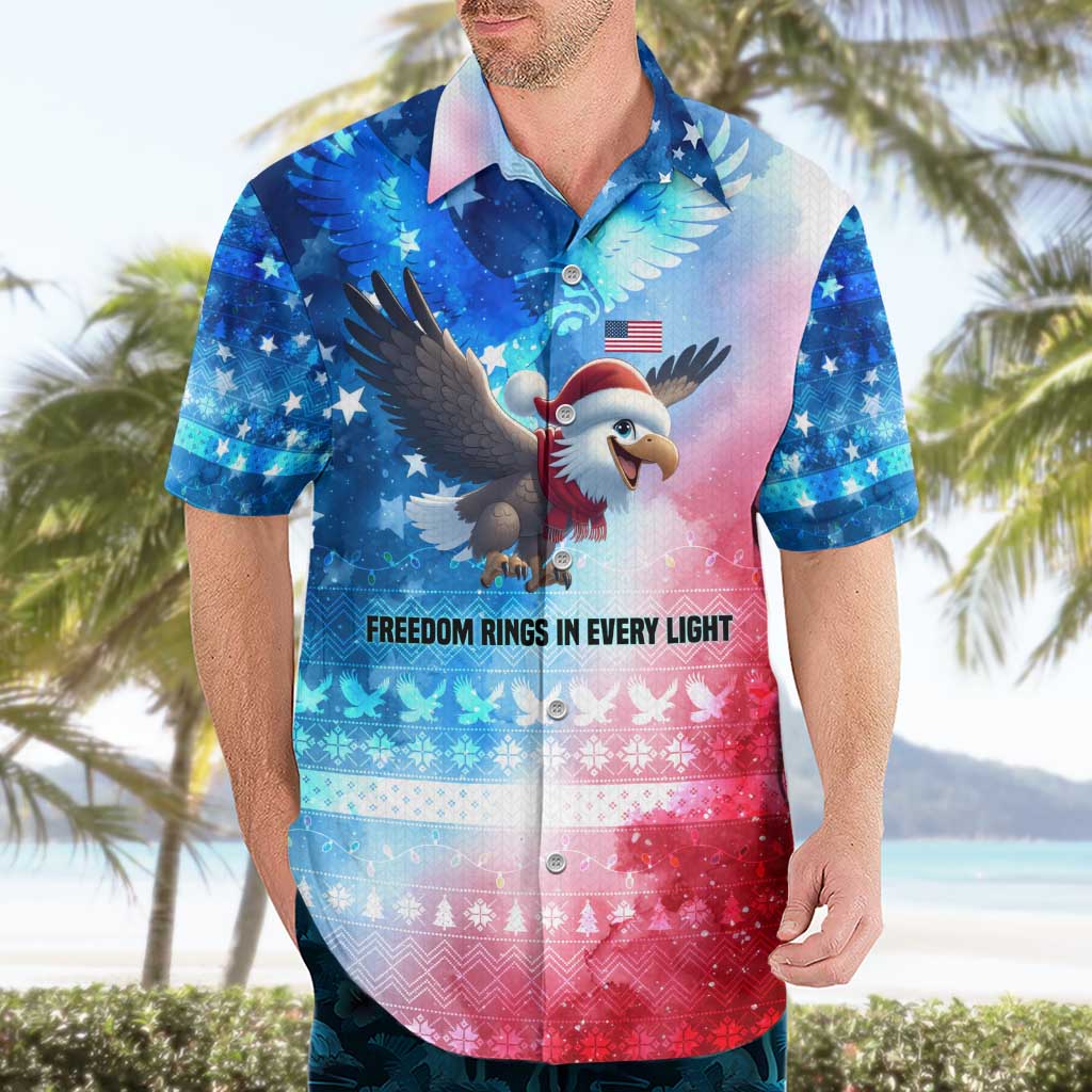 USA Christmas Hawaiian Shirt with Santa Eagle Red White Blue Snowflake Pattern and American Flag - Wonder Print Shop