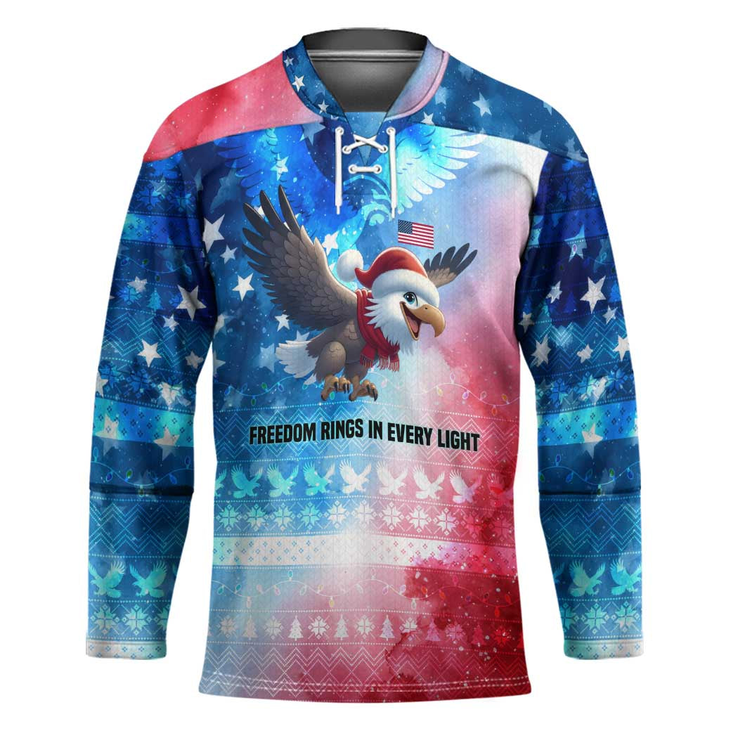 USA Christmas Hockey Jersey with Santa Eagle Red White Blue Snowflake Pattern and American Flag - Wonder Print Shop