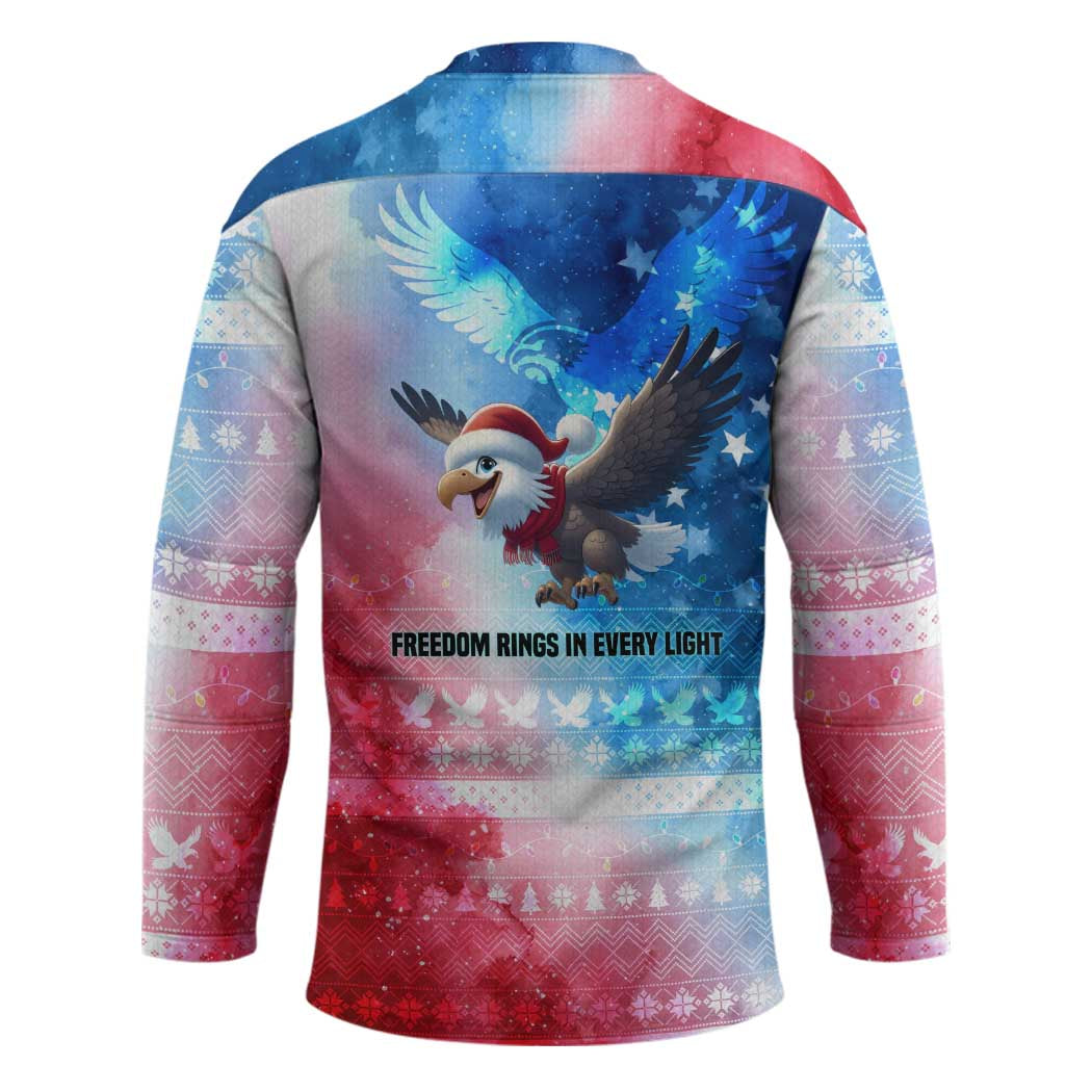 USA Christmas Hockey Jersey with Santa Eagle Red White Blue Snowflake Pattern and American Flag - Wonder Print Shop