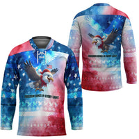 USA Christmas Hockey Jersey with Santa Eagle Red White Blue Snowflake Pattern and American Flag - Wonder Print Shop