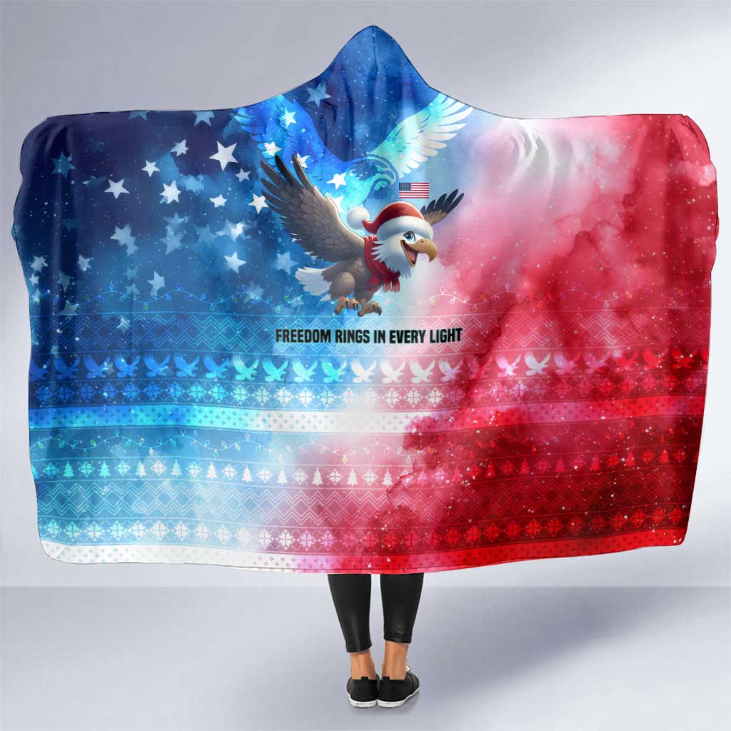 USA Christmas Hooded Blanket with Santa Eagle Red White Blue Snowflake Pattern and American Flag - Wonder Print Shop