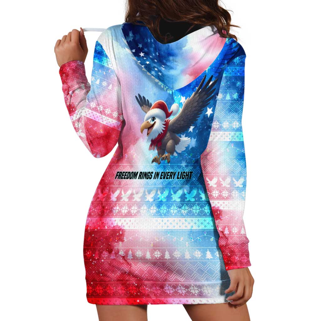 USA Christmas Hoodie Dress with Santa Eagle Red White Blue Snowflake Pattern and American Flag - Wonder Print Shop