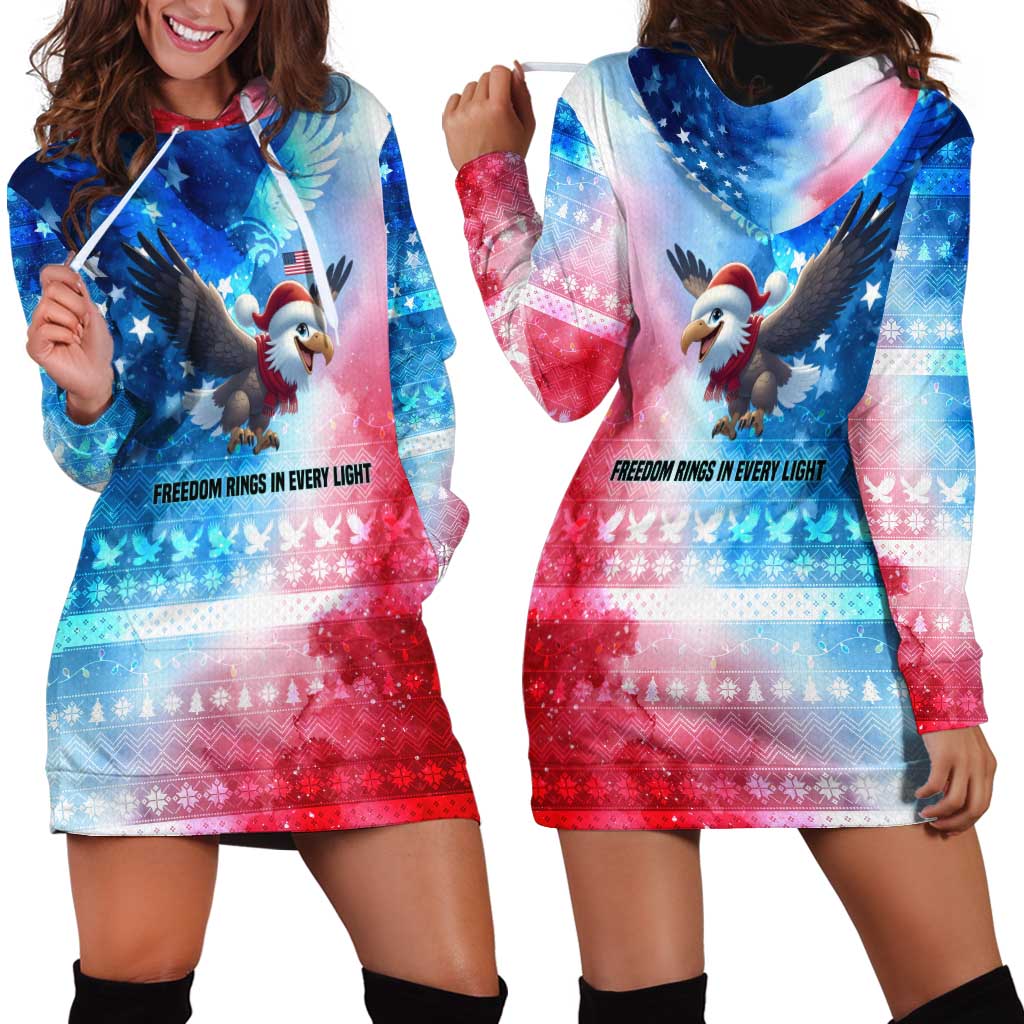 USA Christmas Hoodie Dress with Santa Eagle Red White Blue Snowflake Pattern and American Flag - Wonder Print Shop