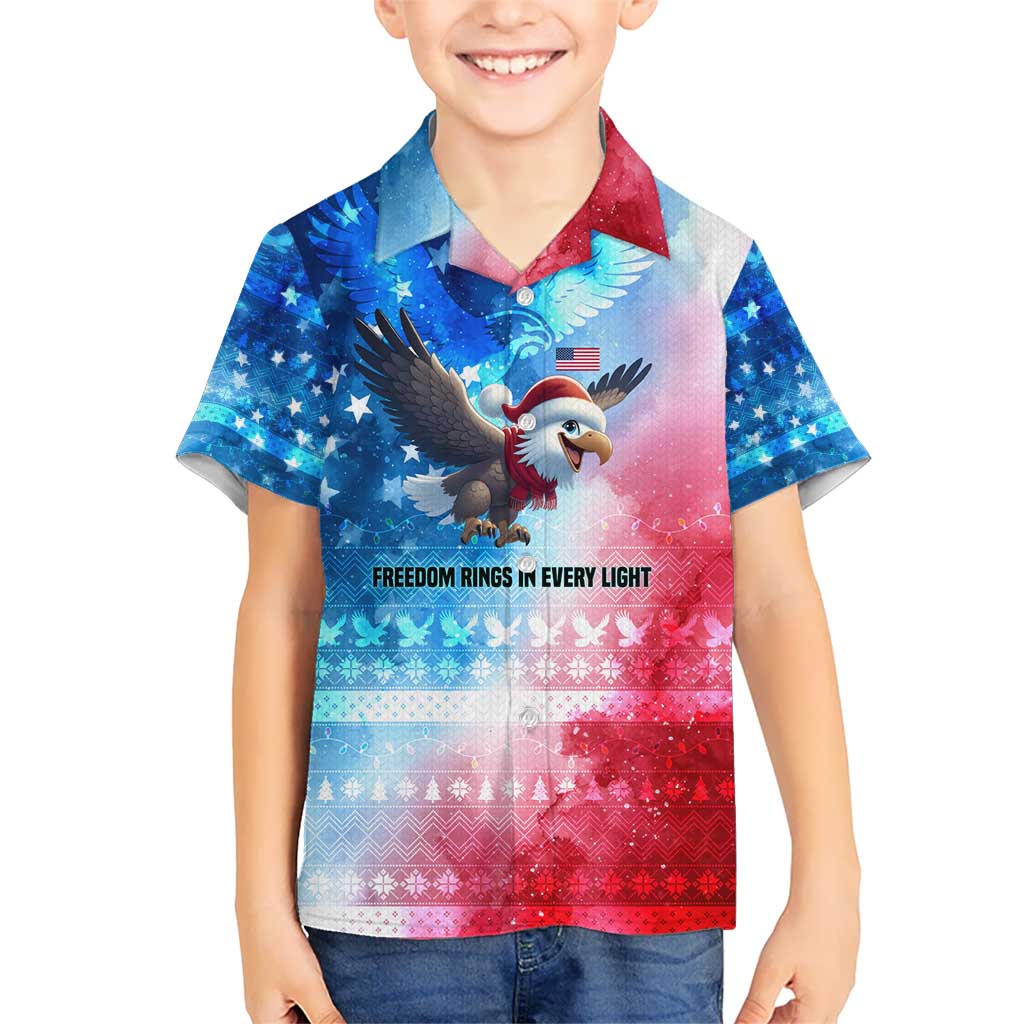 USA Christmas Kid Hawaiian Shirt with Santa Eagle Red White Blue Snowflake Pattern and American Flag - Wonder Print Shop