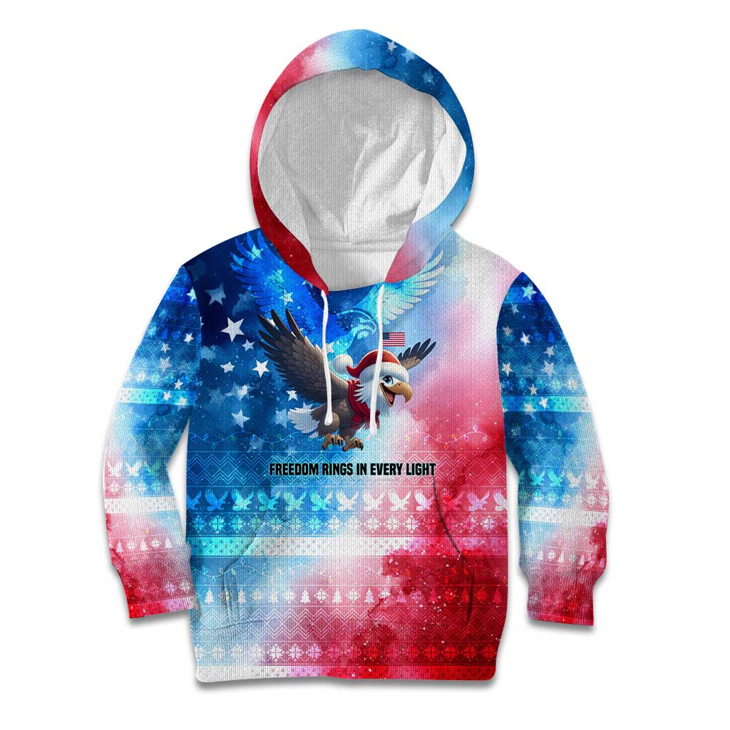 USA Christmas Kid Hoodie with Santa Eagle Red White Blue Snowflake Pattern and American Flag - Wonder Print Shop