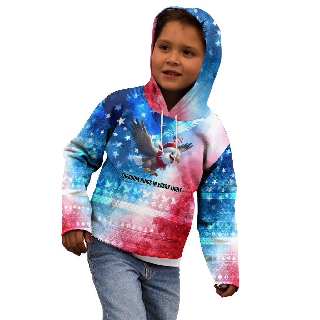 USA Christmas Kid Hoodie with Santa Eagle Red White Blue Snowflake Pattern and American Flag - Wonder Print Shop