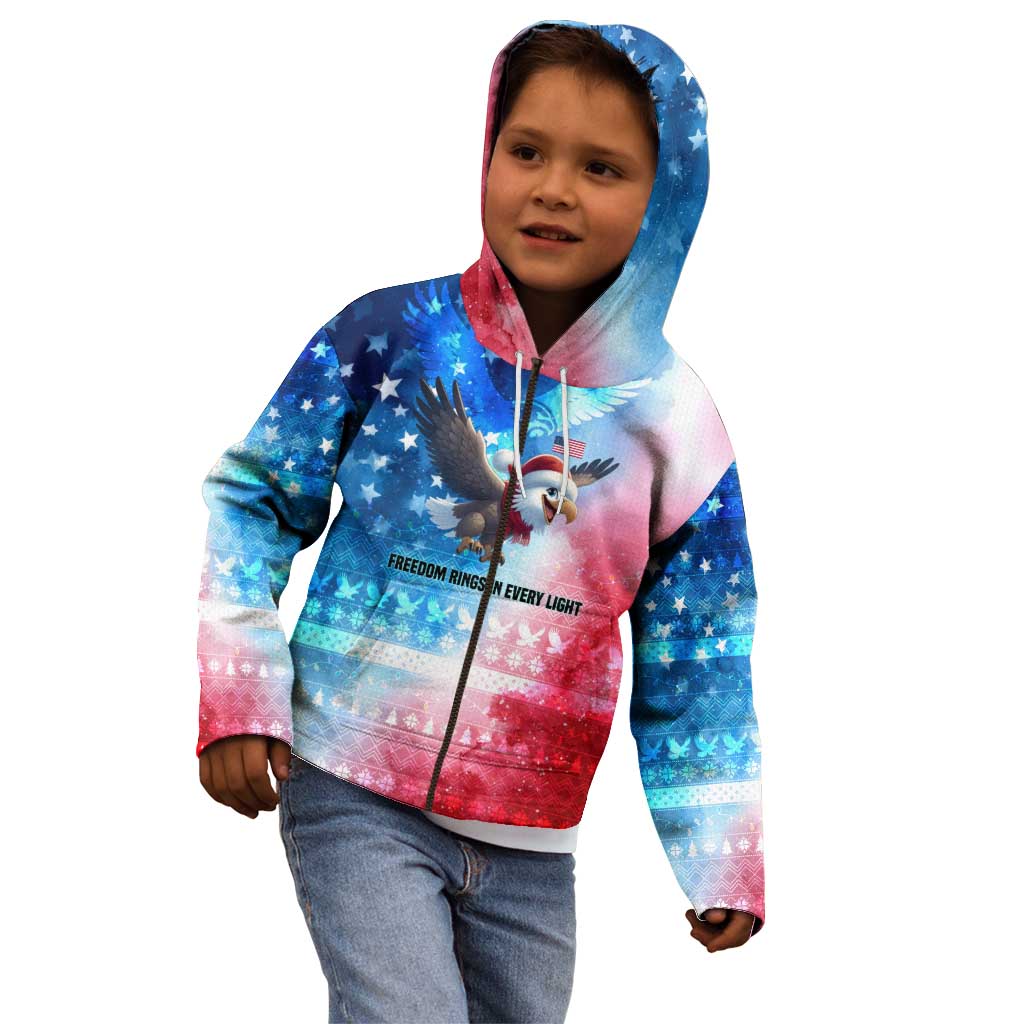 USA Christmas Kid Hoodie with Santa Eagle Red White Blue Snowflake Pattern and American Flag - Wonder Print Shop