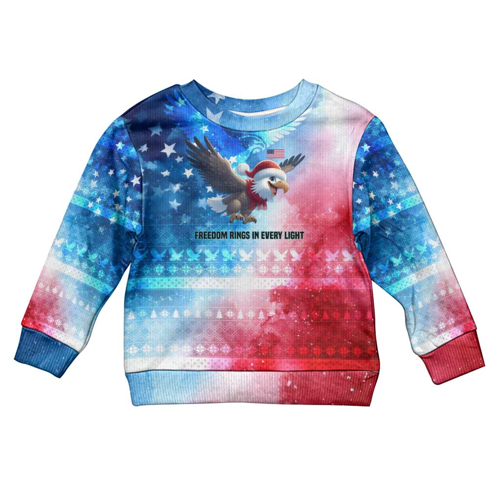 USA Christmas Kid Ugly Christmas Sweater with Santa Eagle Red White Blue Snowflake Pattern and American Flag - Wonder Print Shop