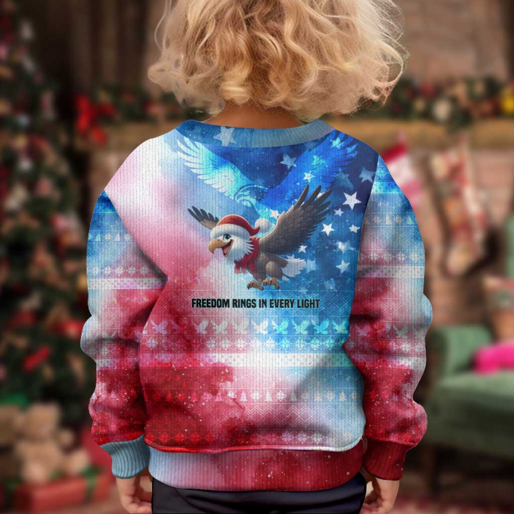 USA Christmas Kid Ugly Christmas Sweater with Santa Eagle Red White Blue Snowflake Pattern and American Flag - Wonder Print Shop
