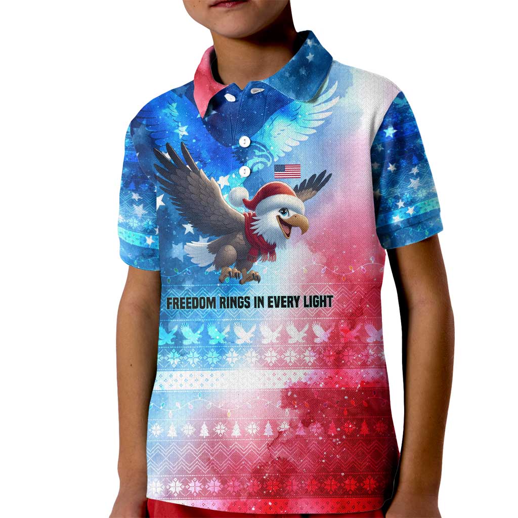 USA Christmas Kid Polo Shirt with Santa Eagle Red White Blue Snowflake Pattern and American Flag - Wonder Print Shop