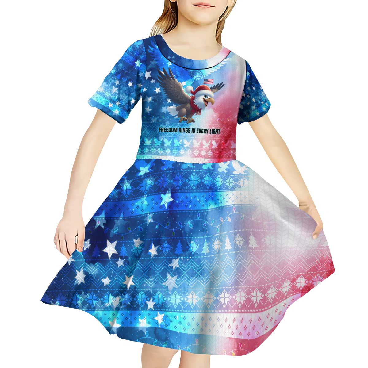 USA Christmas Kid Short Sleeve Dress with Santa Eagle Red White Blue Snowflake Pattern and American Flag - Wonder Print Shop