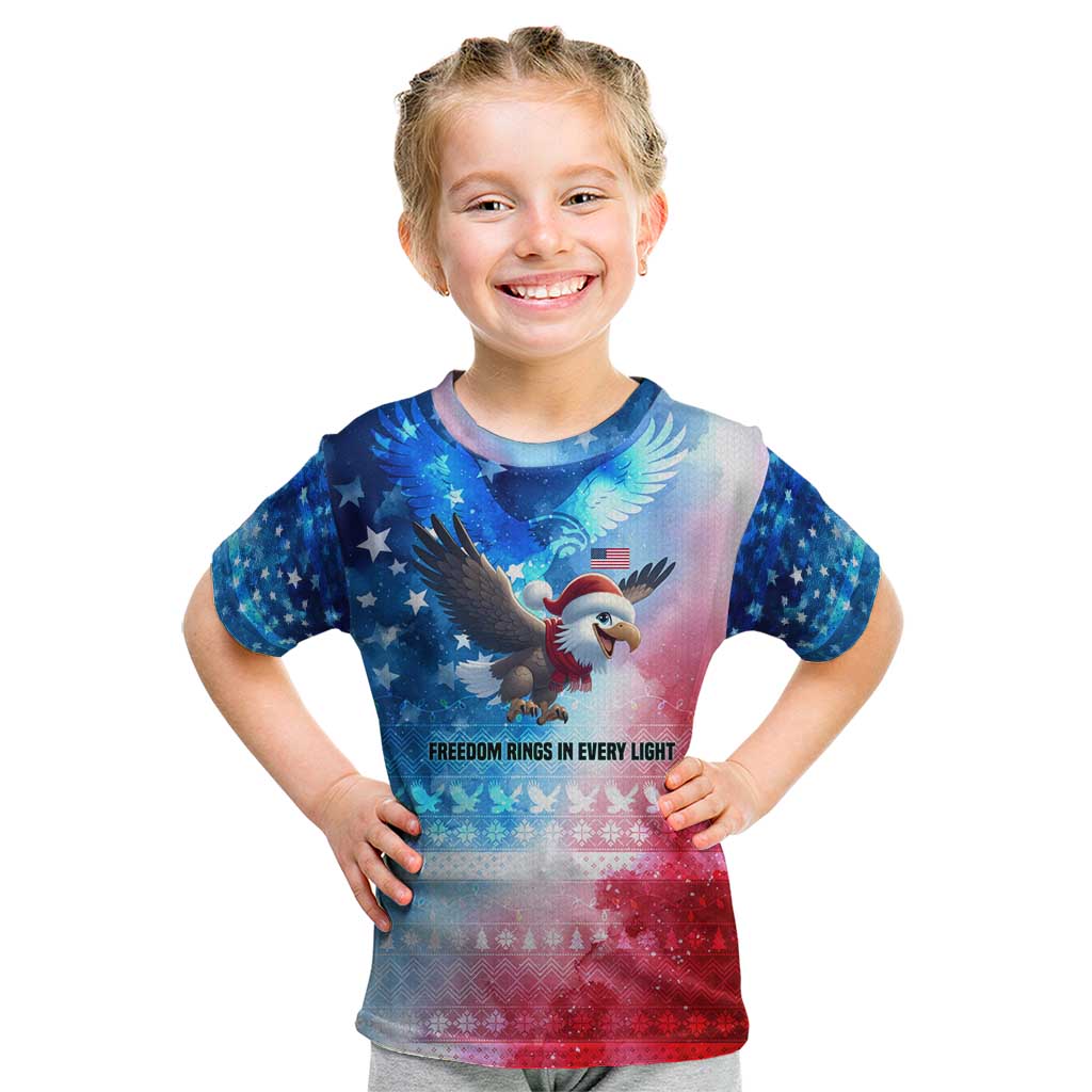 USA Christmas Kid T Shirt with Santa Eagle Red White Blue Snowflake Pattern and American Flag - Wonder Print Shop
