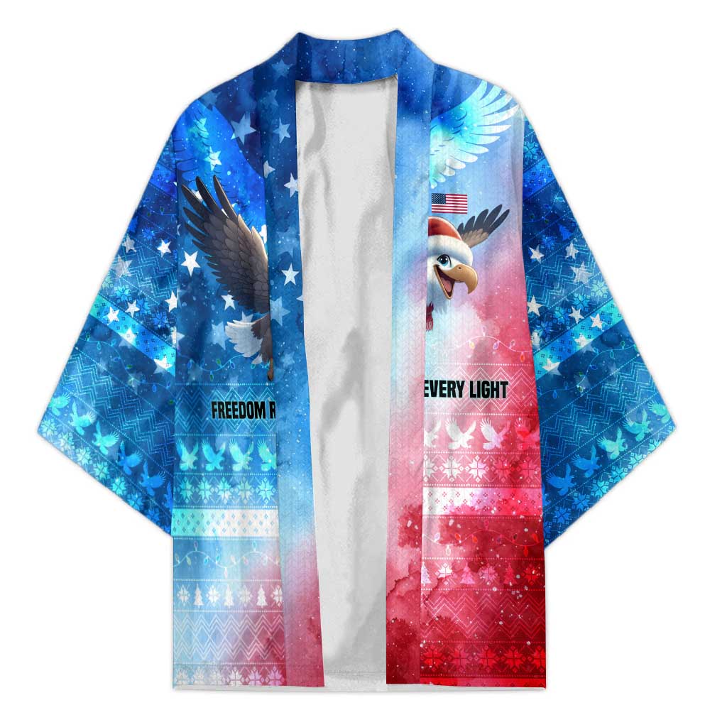 USA Christmas Kimono with Santa Eagle Red White Blue Snowflake Pattern and American Flag - Wonder Print Shop