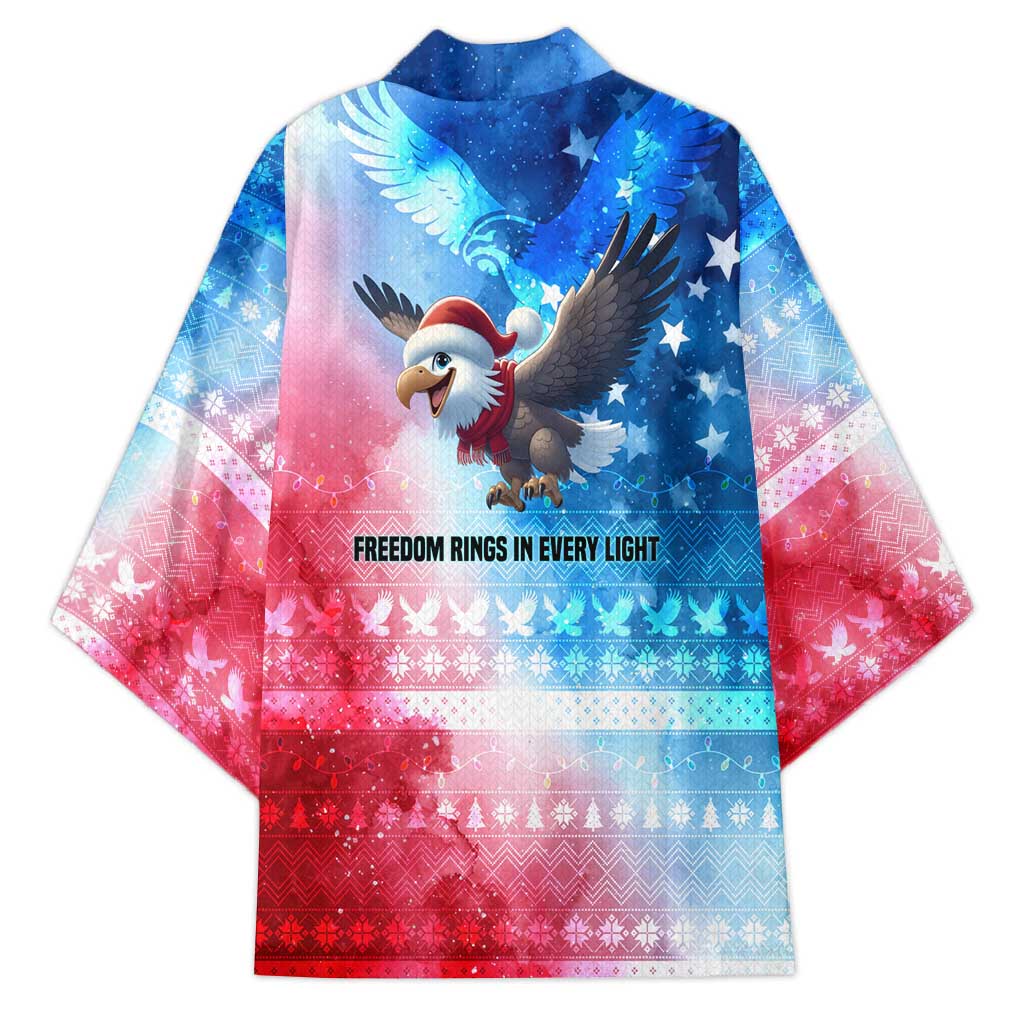 USA Christmas Kimono with Santa Eagle Red White Blue Snowflake Pattern and American Flag - Wonder Print Shop