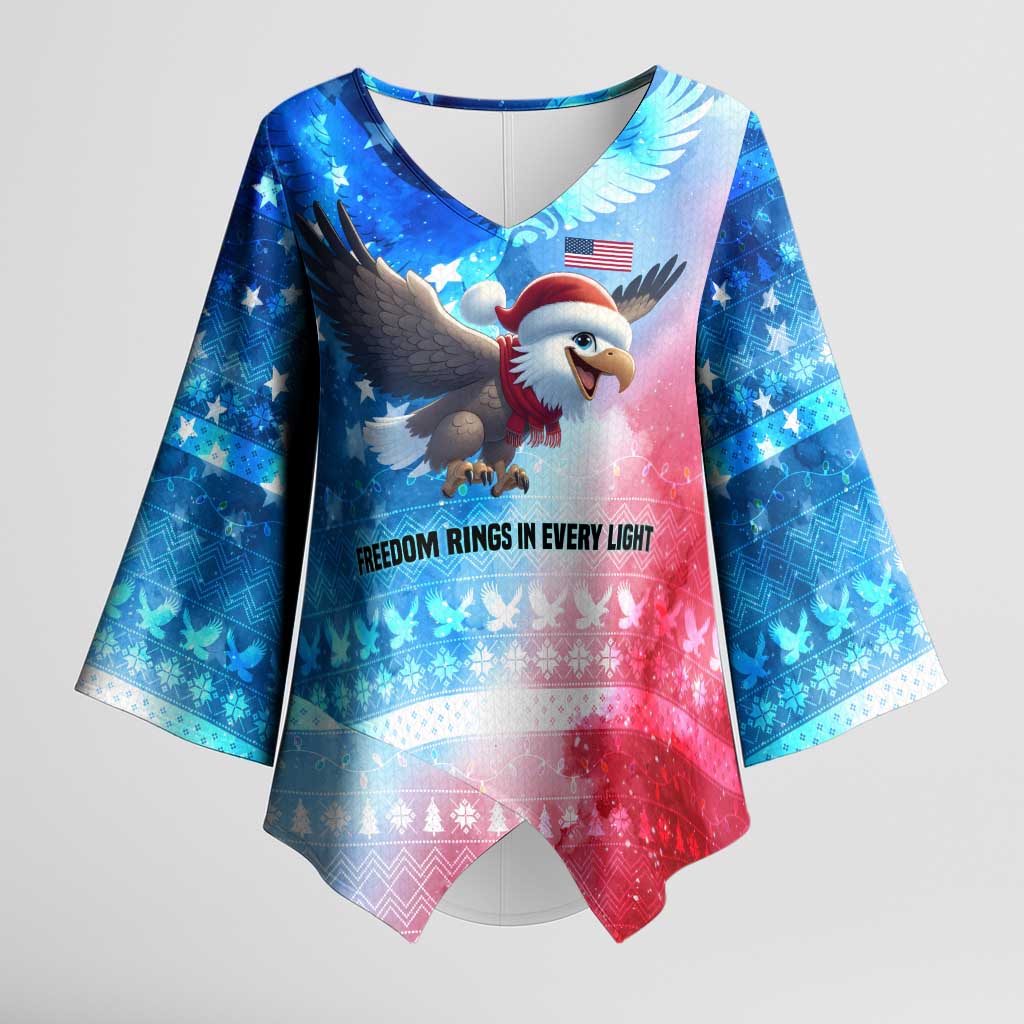 USA Christmas Kimono Sleeve Blouse with Santa Eagle Red White Blue Snowflake Pattern and American Flag - Wonder Print Shop