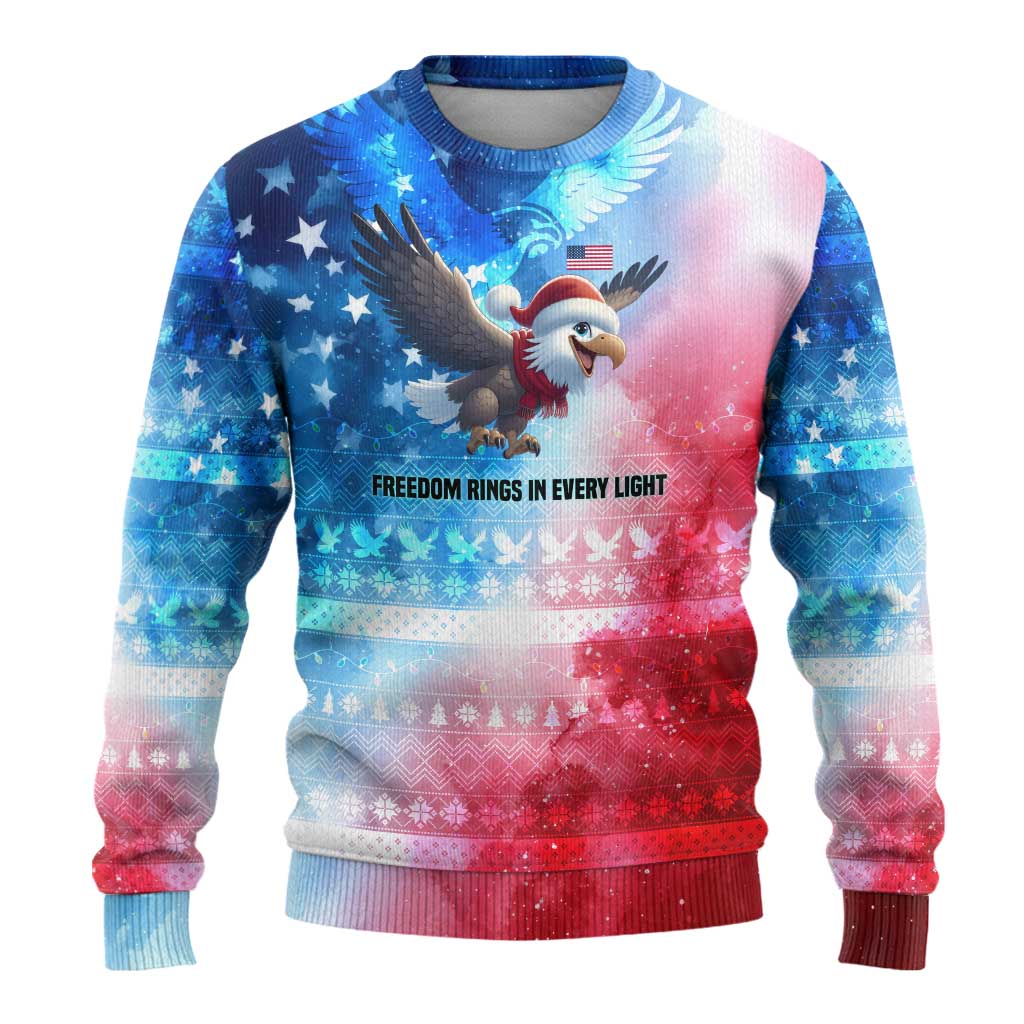 USA Christmas Ugly Christmas Sweater with Santa Eagle Red White Blue Snowflake Pattern and American Flag - Wonder Print Shop