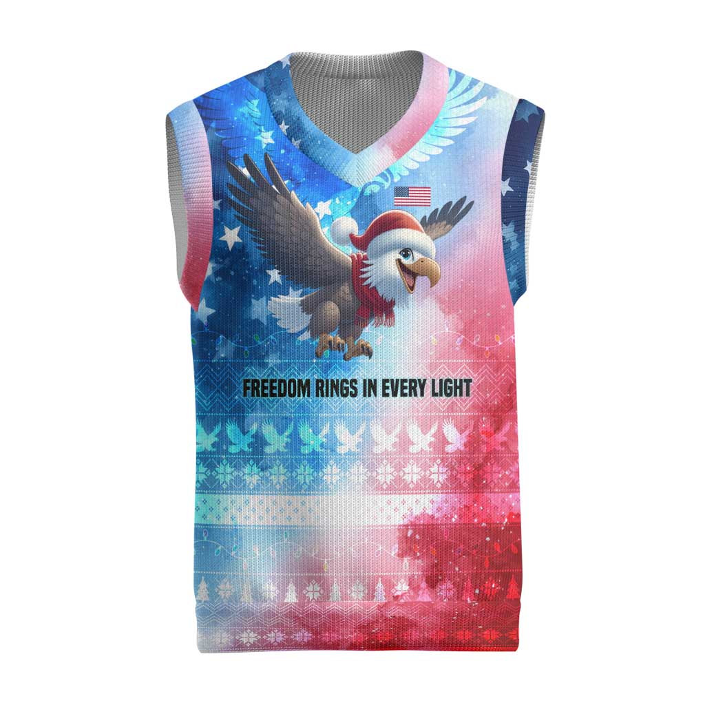 USA Christmas Knitted V-Neck Vest with Santa Eagle Red White Blue Snowflake Pattern and American Flag - Wonder Print Shop