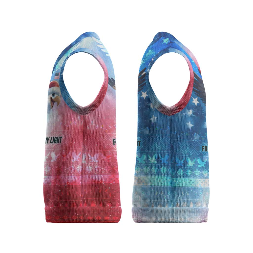 USA Christmas Knitted V-Neck Vest with Santa Eagle Red White Blue Snowflake Pattern and American Flag - Wonder Print Shop