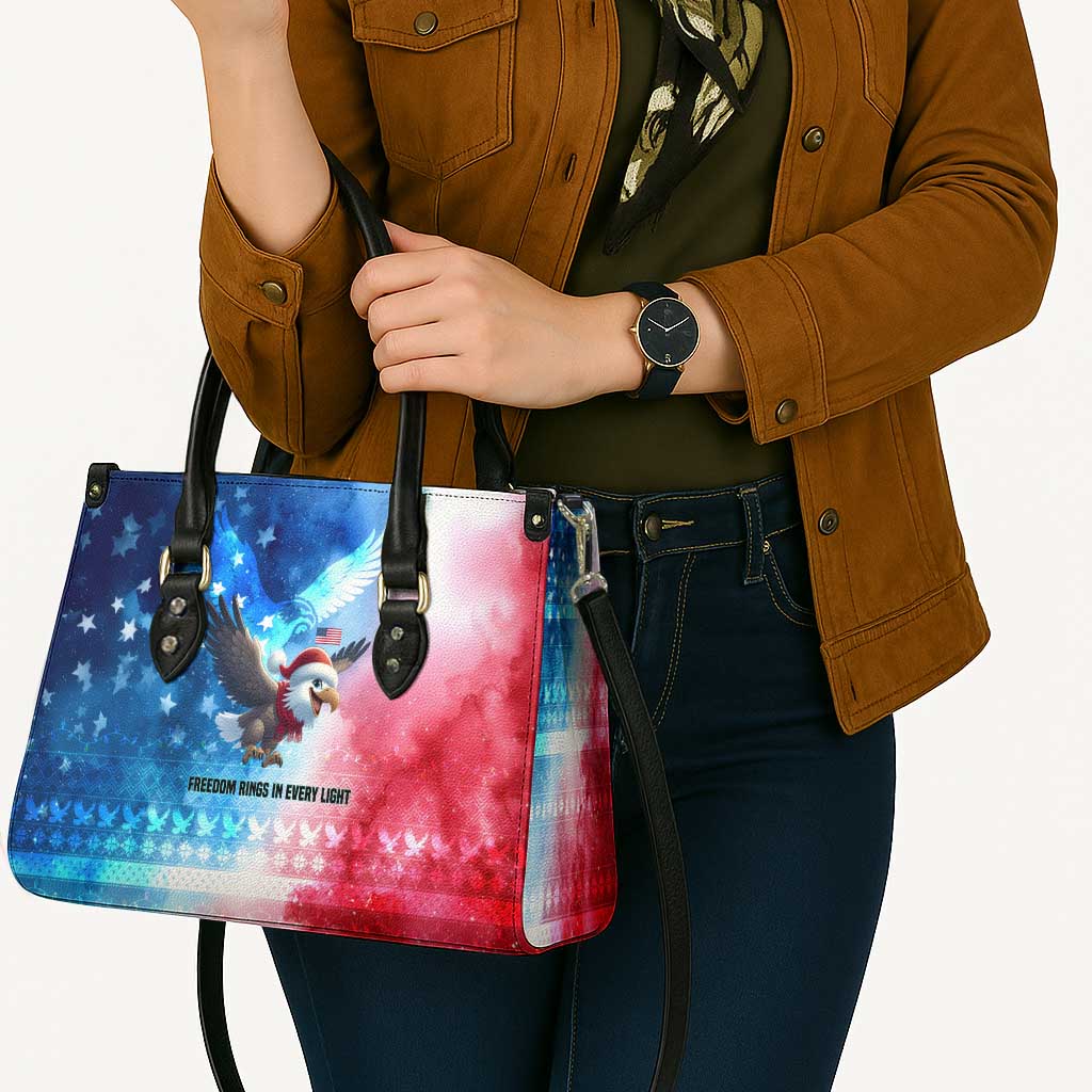 USA Christmas Leather Bag with Santa Eagle Red White Blue Snowflake Pattern and American Flag - Wonder Print Shop