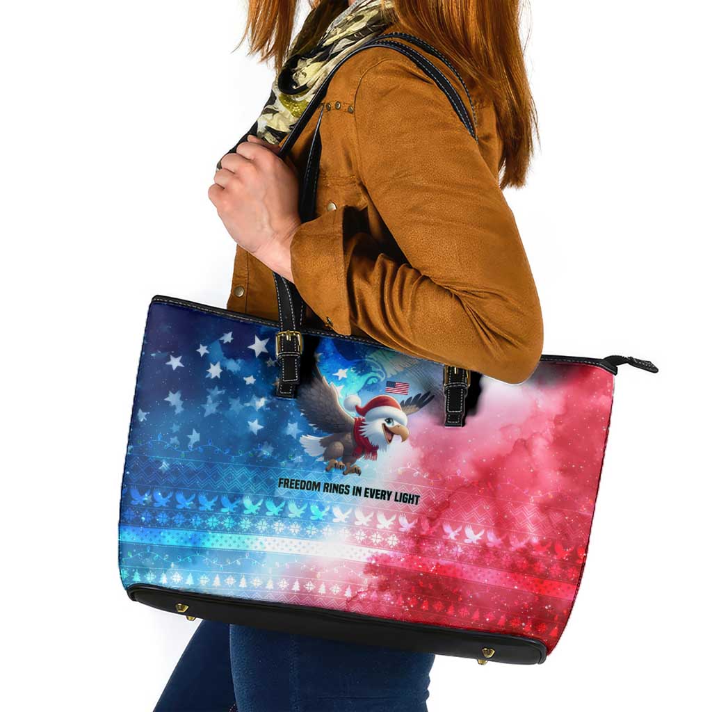 USA Christmas Leather Tote Bag with Santa Eagle Red White Blue Snowflake Pattern and American Flag - Wonder Print Shop