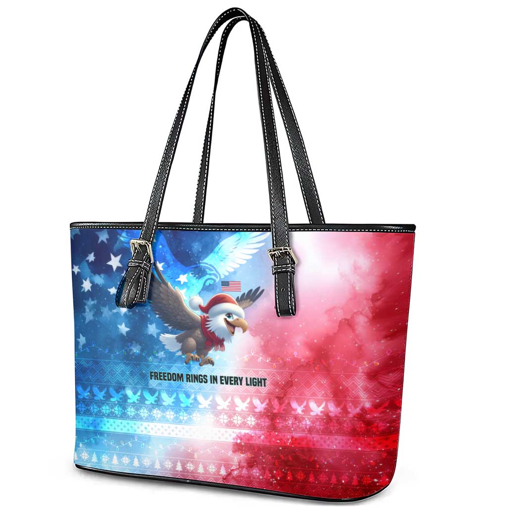 USA Christmas Leather Tote Bag with Santa Eagle Red White Blue Snowflake Pattern and American Flag - Wonder Print Shop