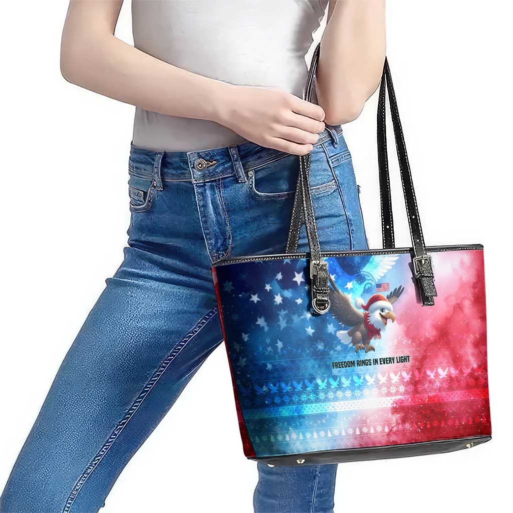 USA Christmas Leather Tote Bag with Santa Eagle Red White Blue Snowflake Pattern and American Flag - Wonder Print Shop