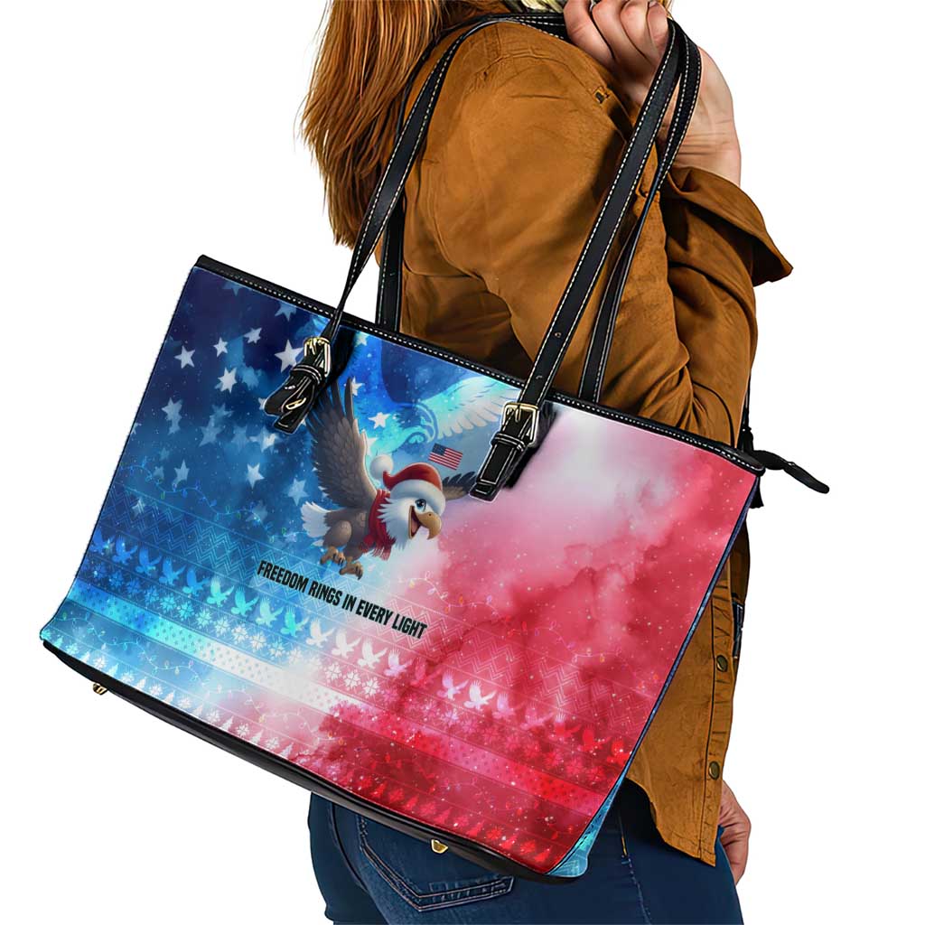 USA Christmas Leather Tote Bag with Santa Eagle Red White Blue Snowflake Pattern and American Flag - Wonder Print Shop