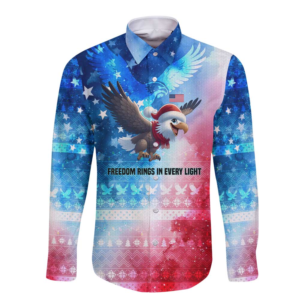 USA Christmas Long Sleeve Button Shirt with Santa Eagle Red White Blue Snowflake Pattern and American Flag - Wonder Print Shop