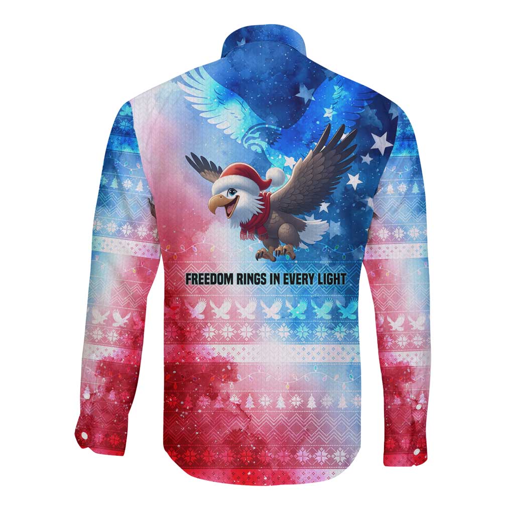 USA Christmas Long Sleeve Button Shirt with Santa Eagle Red White Blue Snowflake Pattern and American Flag - Wonder Print Shop