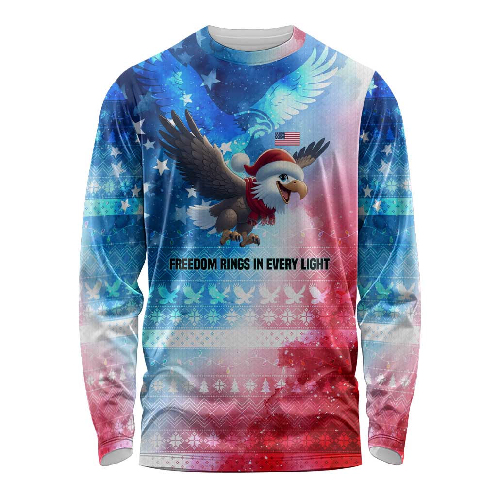 USA Christmas Long Sleeve Shirt with Santa Eagle Red White Blue Snowflake Pattern and American Flag - Wonder Print Shop