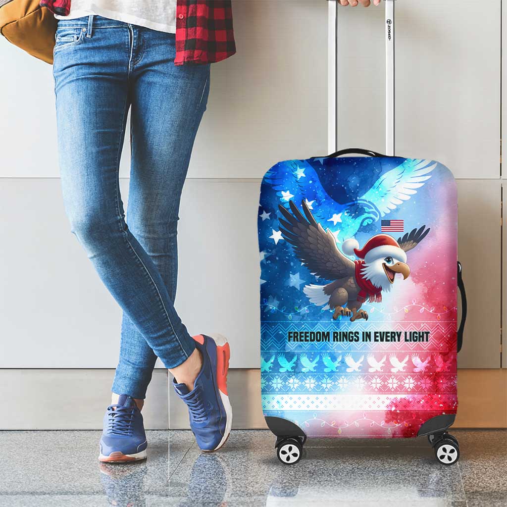 USA Christmas Luggage Cover with Santa Eagle Red White Blue Snowflake Pattern and American Flag - Wonder Print Shop