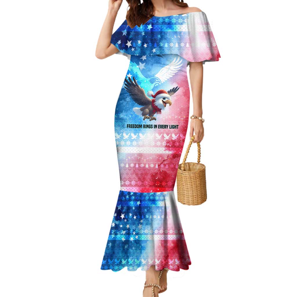 USA Christmas Mermaid Dress with Santa Eagle Red White Blue Snowflake Pattern and American Flag - Wonder Print Shop