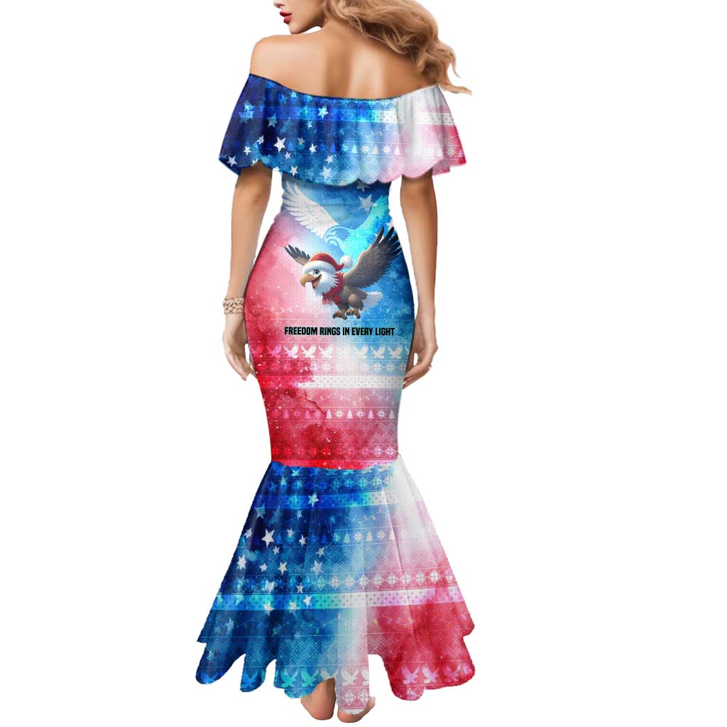 USA Christmas Mermaid Dress with Santa Eagle Red White Blue Snowflake Pattern and American Flag - Wonder Print Shop