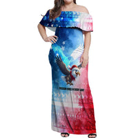USA Christmas Off Shoulder Maxi Dress with Santa Eagle Red White Blue Snowflake Pattern and American Flag - Wonder Print Shop