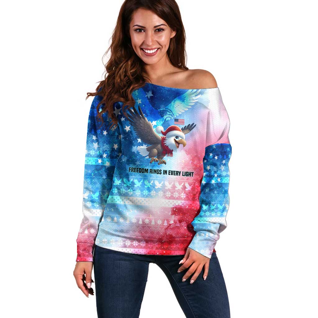 USA Christmas Off Shoulder Sweater with Santa Eagle Red White Blue Snowflake Pattern and American Flag - Wonder Print Shop