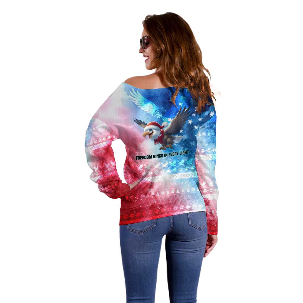 USA Christmas Off Shoulder Sweater with Santa Eagle Red White Blue Snowflake Pattern and American Flag - Wonder Print Shop