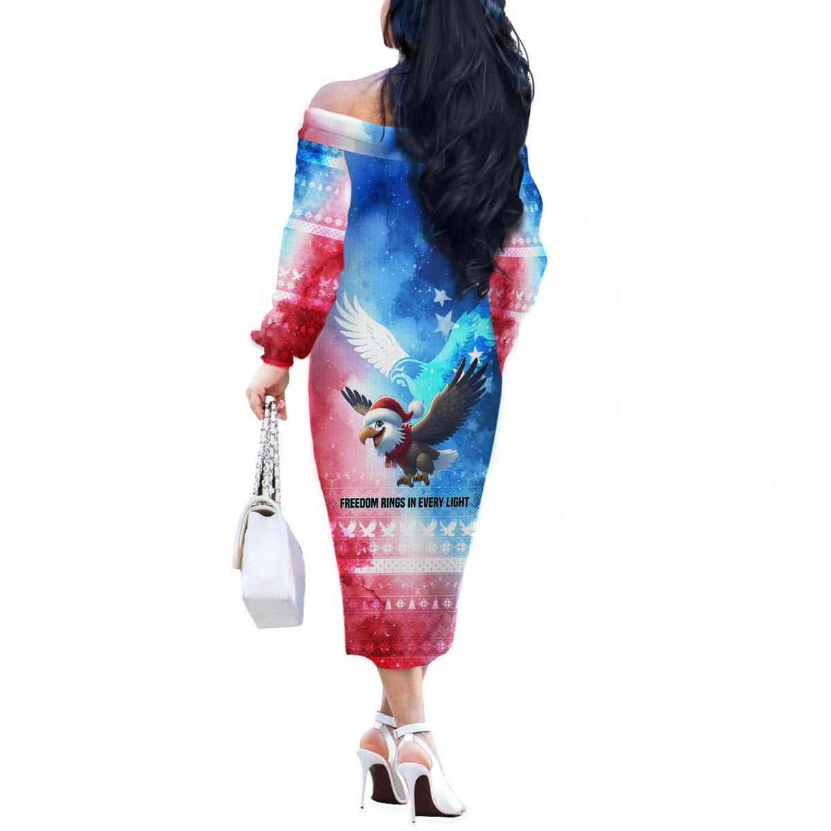 USA Christmas Off The Shoulder Long Sleeve Dress with Santa Eagle Red White Blue Snowflake Pattern and American Flag - Wonder Print Shop