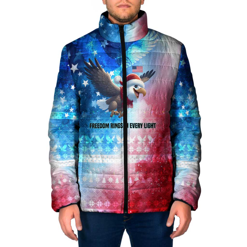 USA Christmas Padded Jacket with Santa Eagle Red White Blue Snowflake Pattern and American Flag - Wonder Print Shop