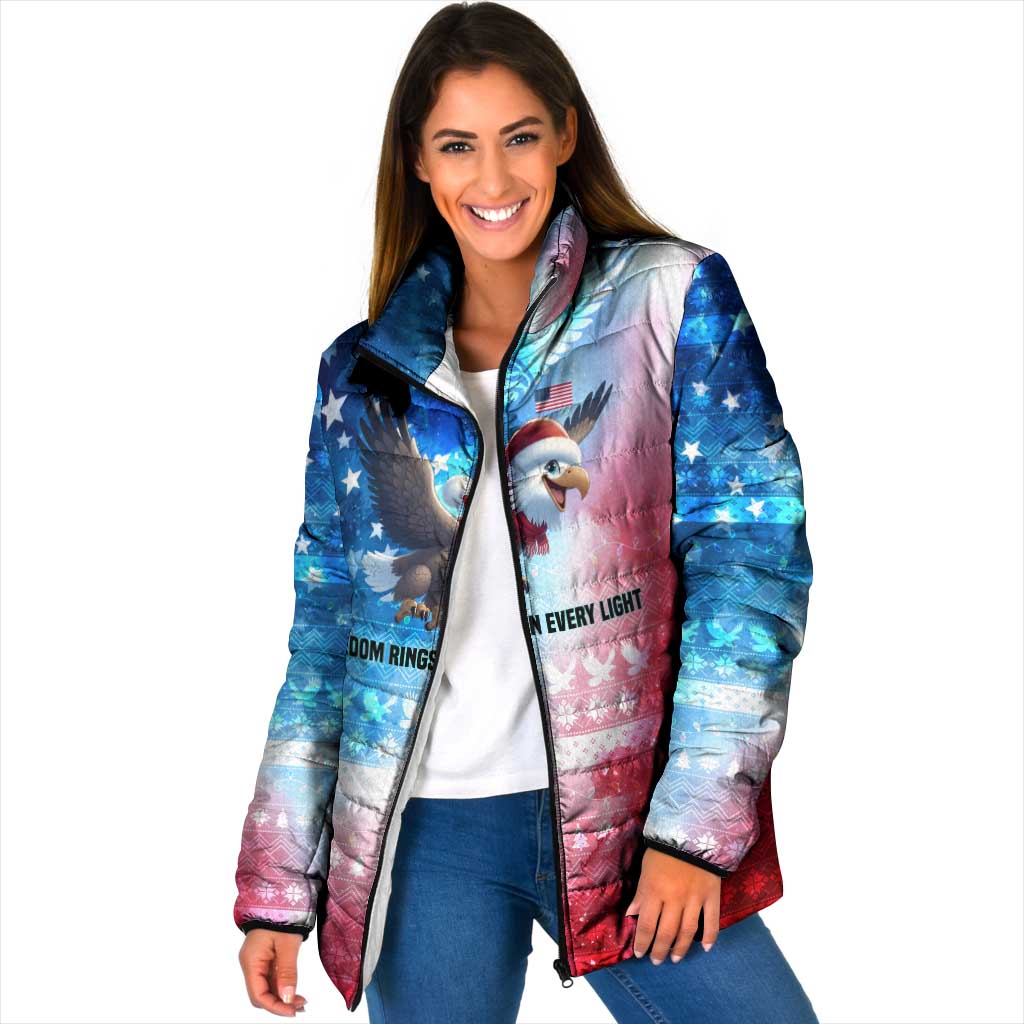 USA Christmas Padded Jacket with Santa Eagle Red White Blue Snowflake Pattern and American Flag - Wonder Print Shop