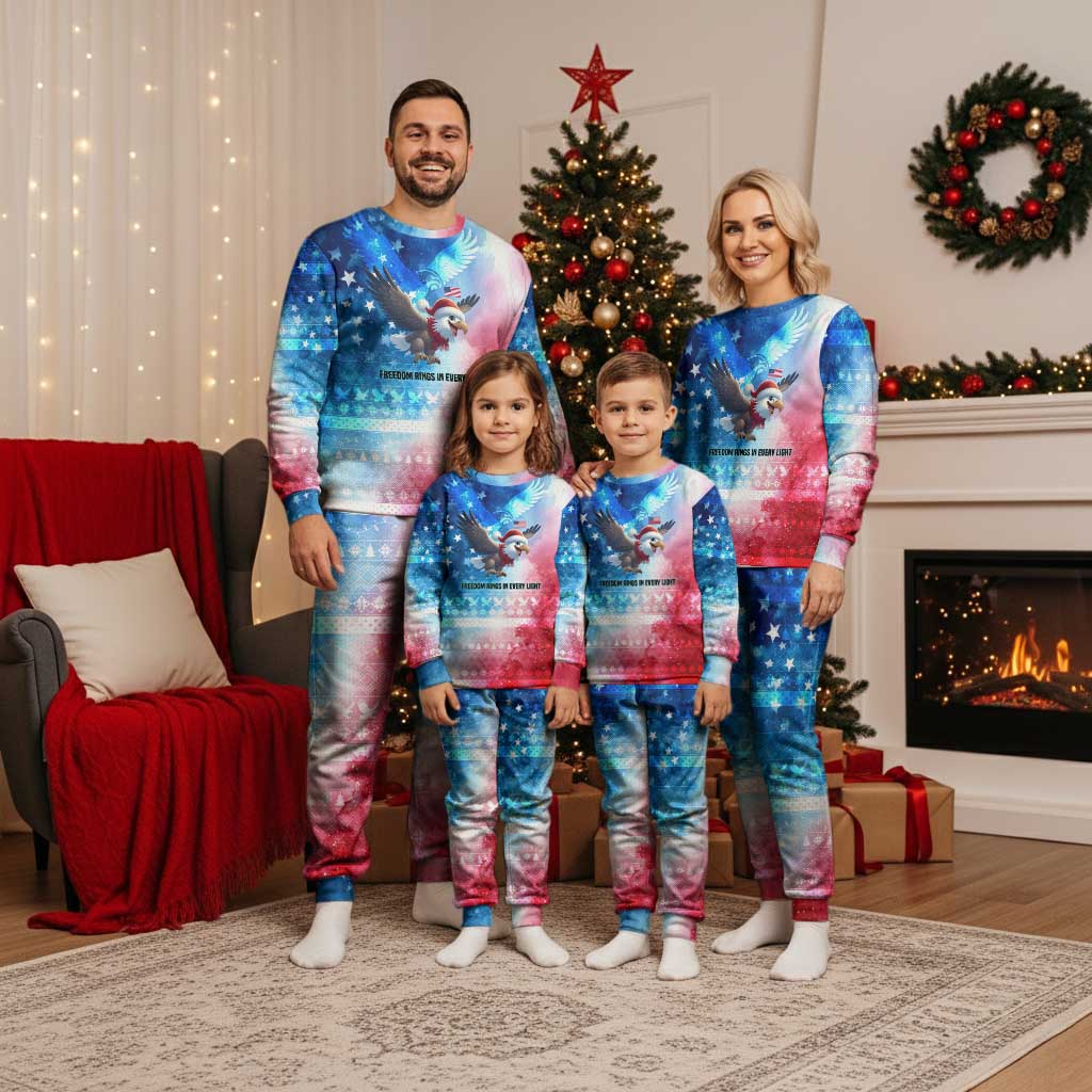 USA Christmas Pajama Set with Santa Eagle Red White Blue Snowflake Pattern and American Flag - Wonder Print Shop